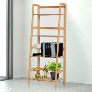 HOMCOM Bamboo Freestanding 4-Tier Ladder Bookcase Natural Bamboo Color