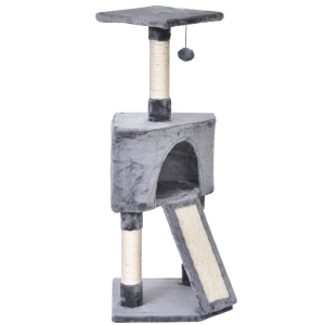 PawHut Cats 3-Tier Sisal Rope Scratching Post w/ Dangle Toy Grey