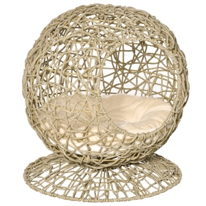 PawHut Wicker Cat Bed Elevated Rattan Kitten Basket Pet Den. House with Soft Cushion