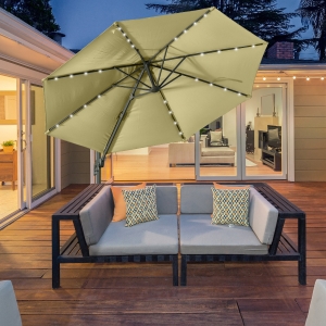 Outsunny 3(m) LED Cantilever Parasol Garden Sun Umbrella w/ Base and Solar Lights Beige