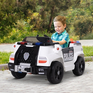HOMCOM Kids Electric Ride-On Police Car w/ Lights Horn Music Player Seatbelt Parental Remote Control 6V White