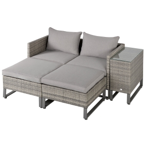 Outsunny 5pcs Patio Rattan Sofa Set Chaise Lounge Double Sofa Bed w/ Coffee Table