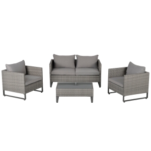 Outsunny 4 PCs PE Rattan Wicker Outdoor Dining Set w/ Sofa Chairs Table Cushions