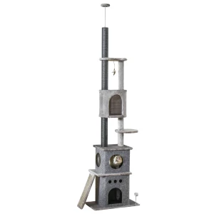 PawHut Cat Climbing Tree 255cm Adjustable Kitty Activity Centre Floor-to-Ceiling Climber with Double Condo, Play Rest Post, Light Grey