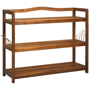 HOMCOM Acacia Wooden Shoe Rack 3-Tier with 2 Hangers, Shoe Storage Organiser for up to 12 Pairs, Entryway Living Room, Teak