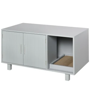 PawHut Cat Litter Box Enclosure, Wooden, Nightstand/End Table Design, with Scratcher, Magnetic Doors, Grey
