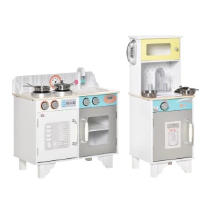 HOMCOM Two Kids Wooden Toy Kitchen Play Cooking Set Pretend Role Playset, with  Sink, Telephone, Storage Basket, for 3-6 Years Old