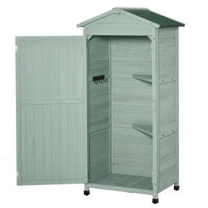 Outsunny Wooden Garden Cabinet 3-Tier Storage Shed 2 Shelves Lockable Organizer with Hooks Foot Pad 74 x 55 x 155cm Green