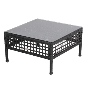 Outsunny Rattan Coffee End Table W/ Glass 60Lx60Wx33H cm-Black 