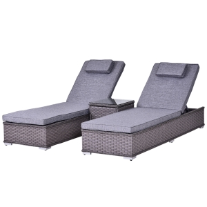 Outsunny PE Rattan 2-Seater Outdoor Garden Sun Lounger Set w/ Side Table Grey