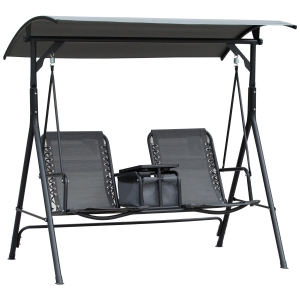 Outsunny 2-Seat Swing Chair Middle Table Steel Frame Adjustable Canopy Sling Seats Grey