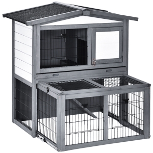 PawHut Coelheira de Exterior de Madeira de 2 Níveis Gaiola para Coelhos e Animais Pequenos com Teto Asfástico Zona Aberta Bandeja Removível e Rampa 101,5x90x100cm Cinza