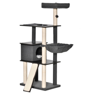 PawHut Árvore para Gatos Grande Altura 146cm com Plataformas Caverna de Feltro Removível Postes Arranhadores de Sisal Rede Almofadas Laváveis Rampa e Bola de Brinquedo 60x40x146cm Cinza Escuro