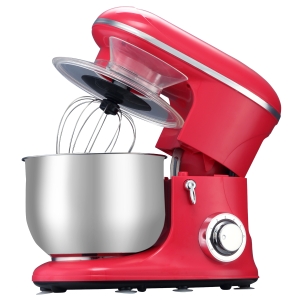 HOMCOM Batedeira para Sobremesa Profissional 1200W Batedeira de Cozinha com 6 Velocidades Taça de Aço Inoxidável de 5,5L e 3 Acessórios Incluidos 37x23x37cm Vermelho