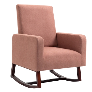 HOMCOM Poltrona Baloiço Estofada em Flanela Cadeira de Baloiço Relax com Assento Apoio para os Braços Acolchoados e Base de Madeira Ideal para Lactancia 72x75x105cm Rosa