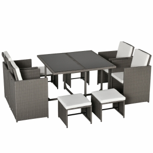 Outsunny Conjunto de Móveis de Jardim 9 Peças de Vime com Cadeiras Empilháveis Almofadas Removíveis Laváveis Mesa de Vidro Temperado para Exterior Pátio Terraço Cinza