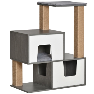 PawHut Árvore para Gatos de Madeira Altura 93cm com 2 Cavernas Removíveis Plataformas Postes Arranhadores e Juta Natural e Múltiplas Entradas para Descansar 77x39x93cm Cinza