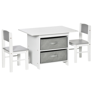 HOMCOM Conjunto de Mesa Infantil de Madeira com 2 Cadeiras 2 Gavetas de TNT de Armazenamento Mobiliário para Crianças Secretária 71x48x49cm Cadeiras 29x27x53cm Branco e Cinza
