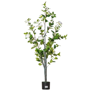 HOMCOM Camélia Artificial Planta Sintética de 150cm com Vaso de Cimento 285 Folhas Realistas e 25 Flores de Tecido Decoração para Casa Escritório e Exterior Verde