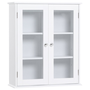kleankin Armário Casa de Banho de Parede com 2 Portas de Cristal Armário Suspenso com Prateleiras Ajustáveis em Altura Multiuso para Cozinhas Sala de Estar 55x20x65cm Branco