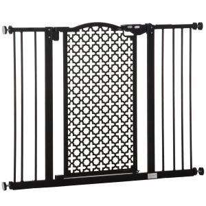 PawHut Barreira de Segurança para Cães Animais de Estimação para Portas Escadas Corredores 74-105cm com 2 Extensões de 10/15cm com Porta e Fechadura Automática Aço Preto