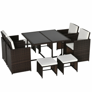 Outsunny Conjunto de Móveis de Vime PE para Jardim Conjunto de 9 Peças Mesa Cadeiras e Bancos com Almofadas para Exterior Marrom