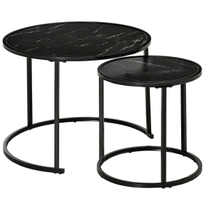 HOMCOM Conjunto de 2 Mesas Auxiliares Redondas Empilháveis Mesa de Centro Modernas com Bancada em Efeito de Mármore e Estrutura de Aço Ø60x46cm e Ø40x40cm Preto