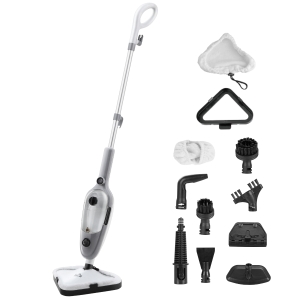 HOMCOM Mopa a Vapor 1300W Limpador a Vapor Multifuncional com Depósito de 450ml e 11 Acessórios Incluídos Aquecimento em 20-30 Segundos 28x21x112cm Cinza e Branco