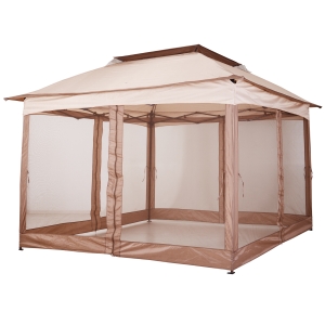 Outsunny 3 X 3 Meters Metal Gazebo Party Canopy Garden Pop Up Tent Outdoor Sun Shelter w/ Net Curtain Zipper Door - Khaki