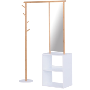 HOMCOM 100 x 34 x 164cm Multi-Functional Dressing mirror With Clothes Rack, Storage Cabinet, Bamboo color, White