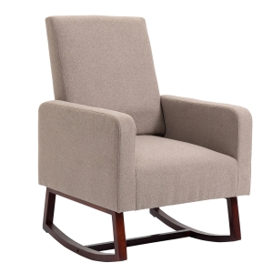 HOMCOM Poltrona Baloiço Estofada em Flanela Cadeira de Baloiço Relax com Assento Apoio para os Braços Acolchoados e Base de Madeira Ideal para Lactancia 72x75x105cm Marrom
