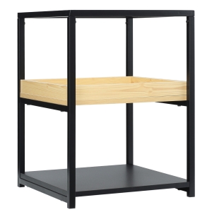 HOMCOM Mesa Auxiliar de 3 Níveis Mesa de Cabeceira Estilo Moderno com Bancada de Cristal Prateleiras de Madeira e Aço para Dormitório Sala de Estar 40x40x55cm Preto