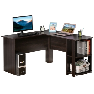 Bureau informatique bureau d'angle contemporain avec étagères imitation wengé