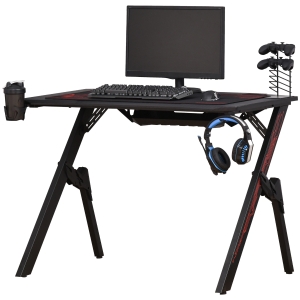 Bureau gaming bracket support casque porte-gobelet et tapis souris fournis métal MDF noir rouge