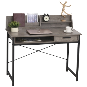 Bureau secrétaire style industriel tiroir, compartiment, 3 étagères métal noir aspect bois gris