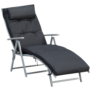 Outsunny Textilene Sun Lounger Recliner Chair Patio Foldable Garden 7 Levels Adjustable with Seat Cushion and Pillow
