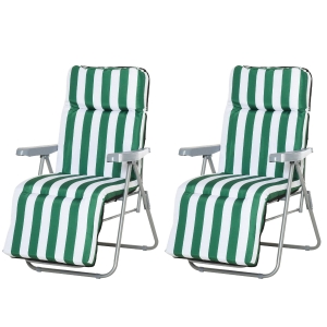 Outsunny Set of 2 Garden Patio Outdoor Sun Recliners Loungers Folding Foldable Multi Position Relaxers Chairs with Cushions Fire Retardant Sponge (Green White)