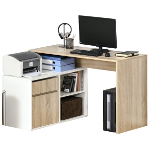 Bureau informatique d'angle multi-rangement aspect chêne clair blanc