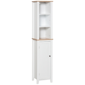 Kleankin Armario Alto para Baño Mueble Columna de Baño con 3 Estantes Abiertos y Armario de Puerta Balda Ajustable Interior Carga Máx. 40kg 35x30x170 cm Blanco