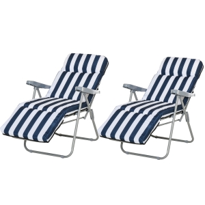 Outsunny Set of 2 Garden Patio Outdoor Sun Recliners Loungers Folding Foldable Multi Position Relaxers Chairs with Cushions Fire Retardant Sponge (Blue White)