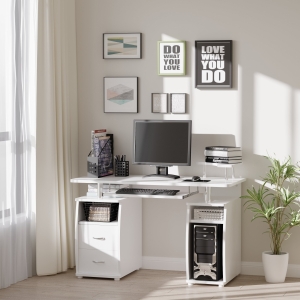 HOMCOM Computer Desk Office PC Table Workstation with Keyboard Tray, CPU Shelf, Drawers, Sliding Scanner Shelf, White