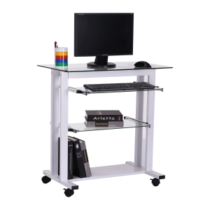 HOMCOM Computer Desk Glass Table Workstation Laptop pc desk mobile with wheels White