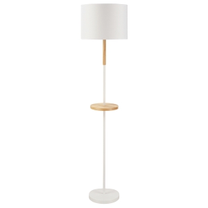 HOMCOM Candeeiro de Pé com Prateleira de Madeira Ecrã de Tecido Suporte para Lâmpada E27 Máx. 40W com Interruptor de Pé Moderno para Sala de Estar Dormitório Estúdio Ø35x155cm Branco
