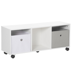 HOMCOM Móvel para Brinquedos com 5 Rodas Organizador de Brinquedos de Madeira com 3 Cubos de Armazenamento e 2 Gavetas de Tecido Removíveis Móvel Infantil 90x30x37,9cm Branco