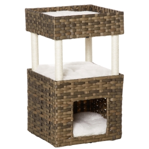 PawHut Árvore Arranhadora para Gatos de Vime Torre para Gatos Médios com Caverna 2 Camas Postes de Sisal Natural e Almofadas Laváveis de Pélucia Suave 40x40x70cm Marrom