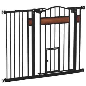 PawHut Barreira de Segurança para Cães Extensível para Portas Escadas 74-105cm com 2 Extensões de 10 e 15cm com 2 Portas e Fechadura Automática Aço Preto
