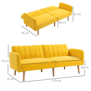 HOMCOM Sofá Cama de 2 Lugares com Encosto Ajustável em 3 Posições Apoio para os Braços Desmontável e Pés de Madeira Sofá Duplo Moderno para Sala de Estar Escritório 173x75x73cm Amarelo