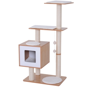PawHut Árvore Arranhadora para Gatos de Madeira 71,5x49,5x120cm Torre para Gatos com Caverna Plataformas Postes Arranhadores de Sisal Almofadas de Pelúcia Suave e Bolas Suspensas Natural