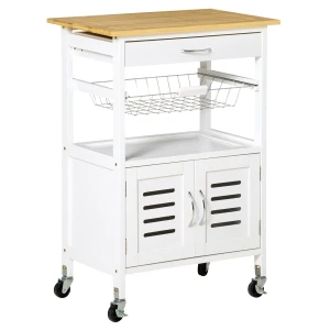 HOMCOM Rolling Kitchen Island Trolley Utility Cart on Wheels with Bamboo Table Top, Storage Cabinet, Drawer and Wire Basket - White