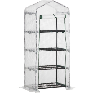 Outsunny Invernadero de Jardín con 4 Estantes y Cubierta de PE Tipo Caseta de Tubo Acero Vivero Casero para Cultivo de Plantas Flores Macetas 69x50x160 cm Blanco